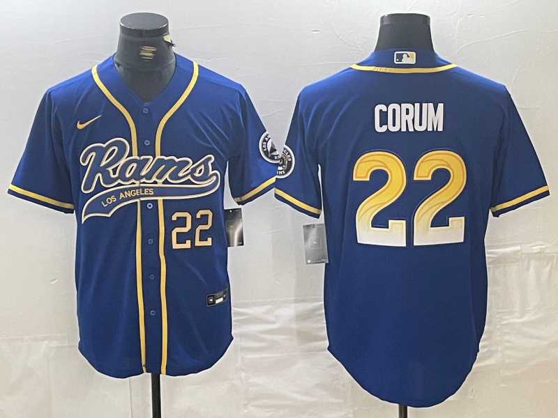 Mens Los Angeles Rams #22 Blake Corum Number Royal Cool Base Stitched Baseball Jersey